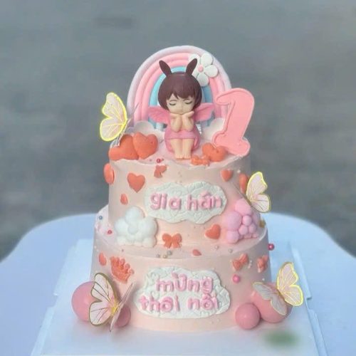 Bánh 2 tầng màu hồng Fondant