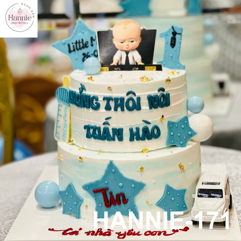 Bánh kem thôi nôi bé trai xanh 2 tầng chủ đề Boss Baby Hannie