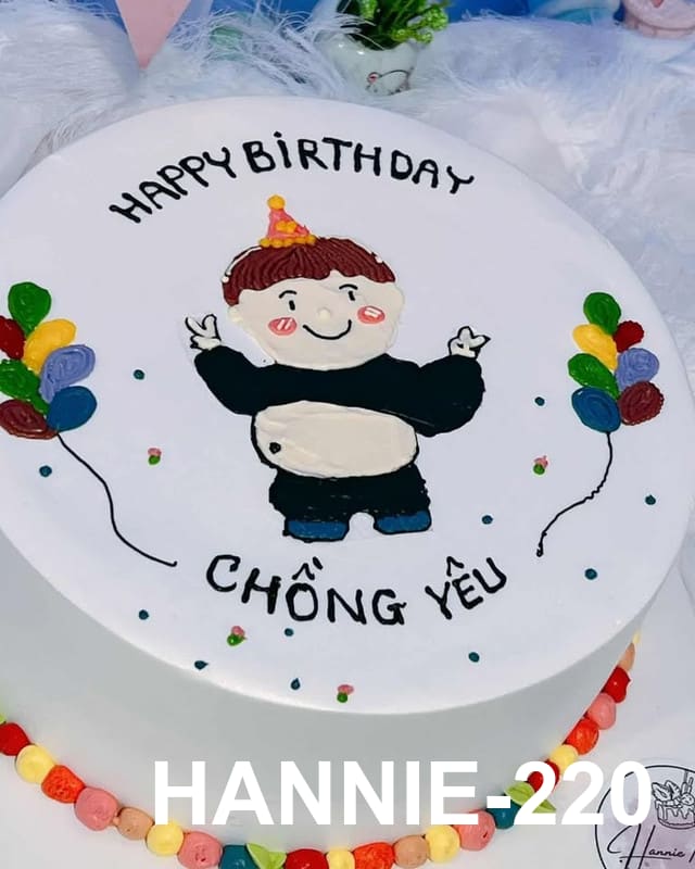 Bánh kem cốt socola tặng chồng yêu với hình vẽ hoạt hình ngộ nghĩnh Hannie.
